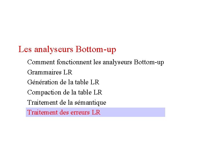 Les analyseurs Bottom-up Comment fonctionnent les analyseurs Bottom-up Grammaires LR Génération de la table