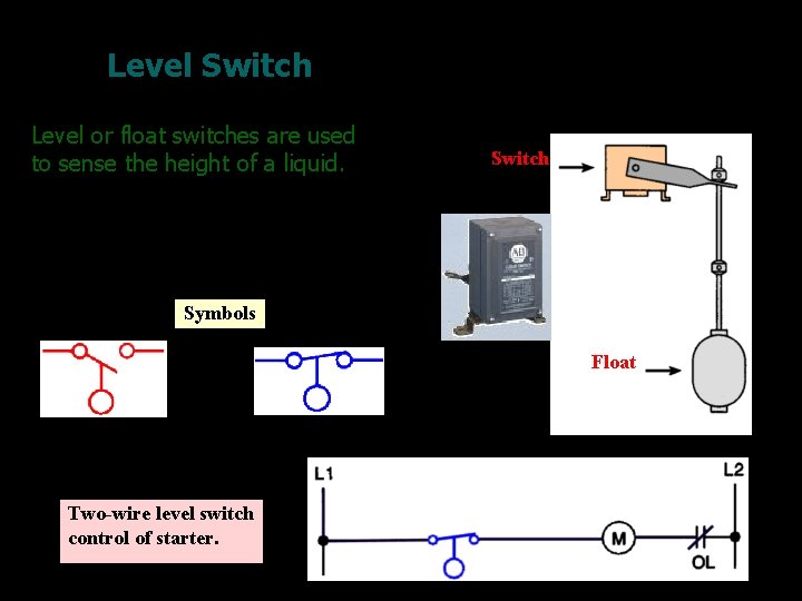 Level Switch Level or float switches are used to sense the height of a