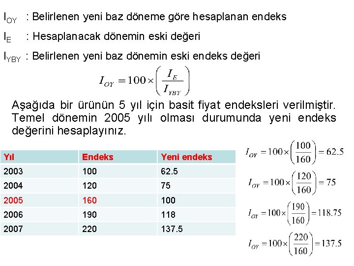 IOY : Belirlenen yeni baz döneme göre hesaplanan endeks IE : Hesaplanacak dönemin eski