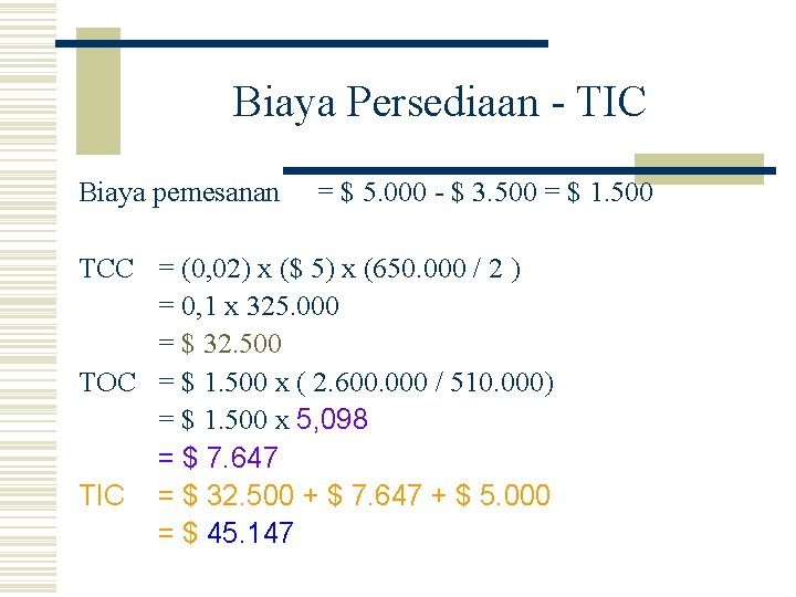 Biaya Persediaan - TIC Biaya pemesanan = $ 5. 000 - $ 3. 500