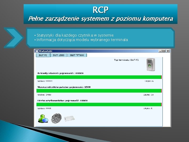 RCP Pełne zarządzenie systemem z poziomu komputera • Statystyki dla każdego czytnika w systemie