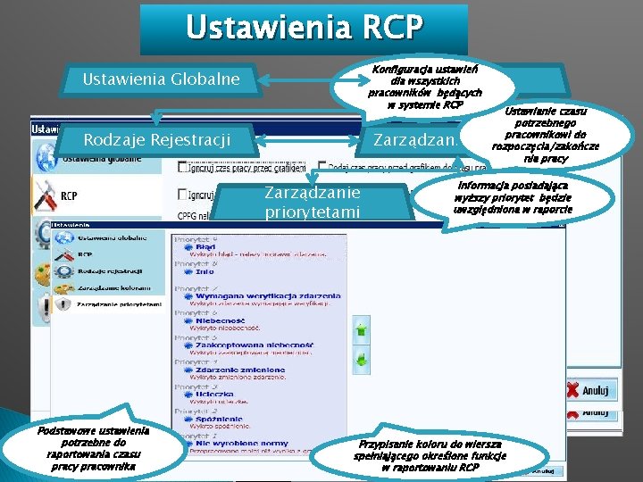 Ustawienia RCP Konfiguracja ustawień dla wszystkich RCP pracowników będących w systemie RCP Ustawienia Globalne