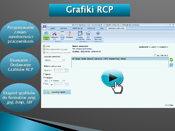 Grafiki RCP Przypisywanie zmian/ nieobecności pracownikom Usuwanie / Dodawanie Grafików RCP Eksport grafików do