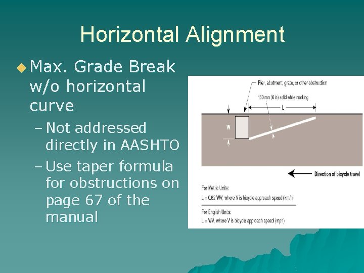 Horizontal Alignment u Max. Grade Break w/o horizontal curve – Not addressed directly in