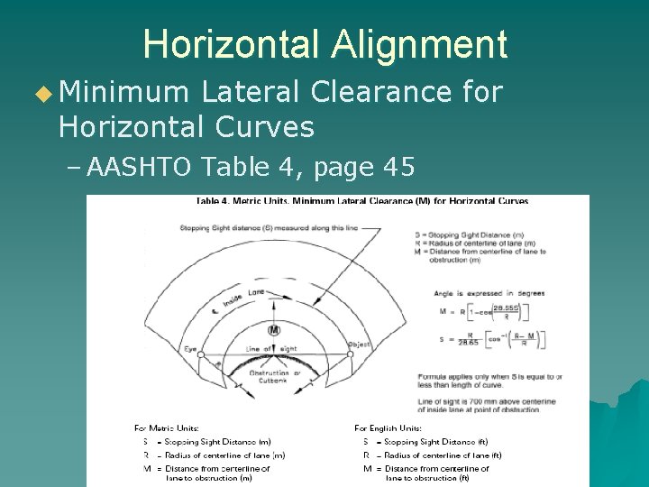Horizontal Alignment u Minimum Lateral Clearance for Horizontal Curves – AASHTO Table 4, page
