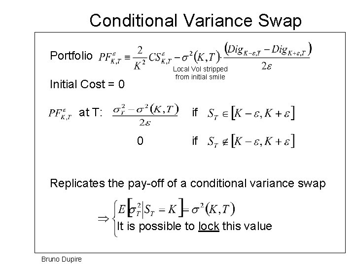 Conditional Variance Swap Portfolio Local Vol stripped from initial smile Initial Cost = 0