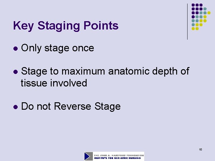 Key Staging Points l Only stage once l Stage to maximum anatomic depth of