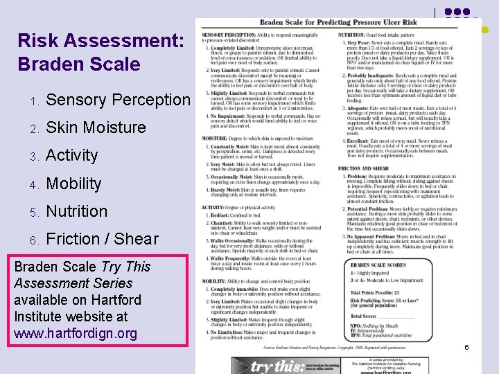 Risk Assessment: Braden Scale 1. Sensory Perception 2. Skin Moisture 3. Activity 4. Mobility