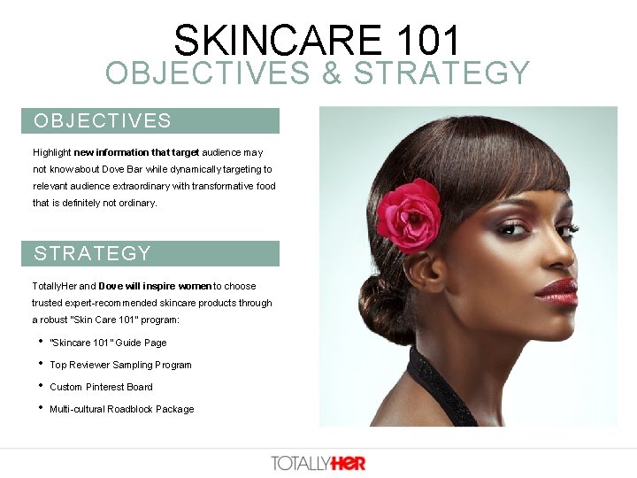 SKINCARE 101 OBJECTIVES & STRATEGY OBJECTIVES Highlight new information that target audience may not SKINCARE 101 OBJECTIVES & STRATEGY OBJECTIVES Highlight new information that target audience may not