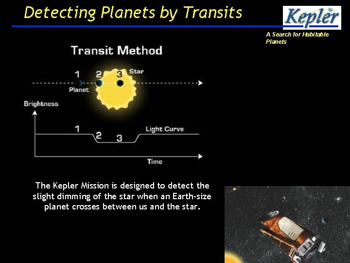 Detecting Planets by Transits A Search for Habitable Planets The Kepler Mission is designed