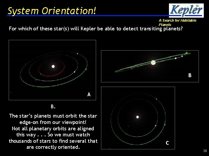 System Orientation! A Search for Habitable Planets For which of these star(s) will Kepler