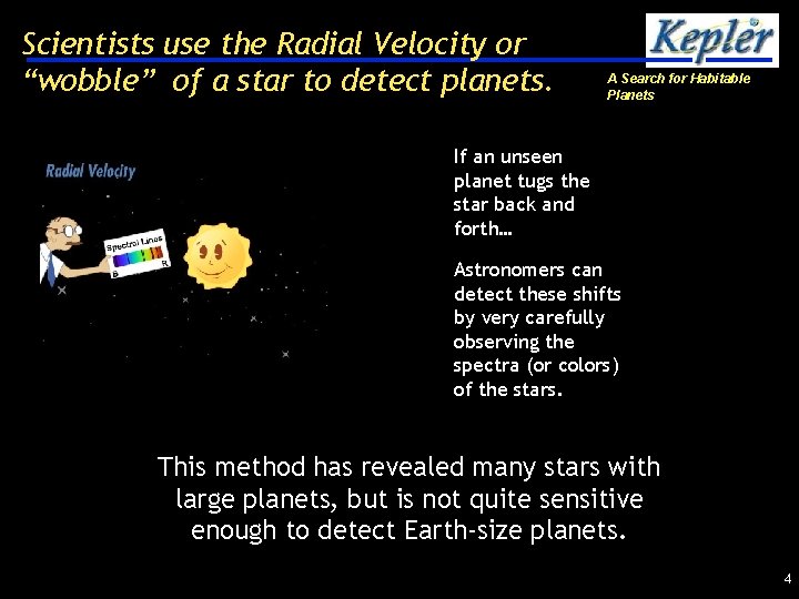 Scientists use the Radial Velocity or “wobble” of a star to detect planets. A