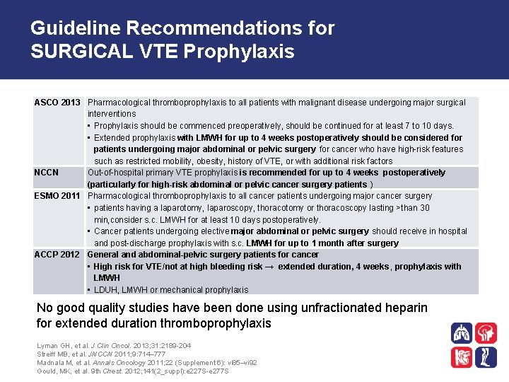 Guideline Recommendations for SURGICAL VTE Prophylaxis ASCO 2013 Pharmacological thromboprophylaxis to all patients with