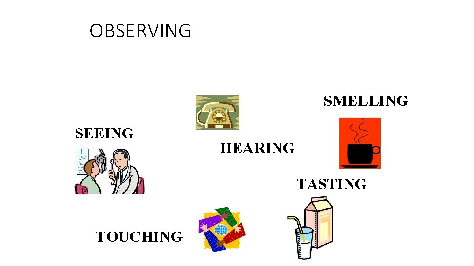 OBSERVING USE ONE OR MORE OF YOUR 5 SENSES SMELLING SEEING HEARING TASTING TOUCHING