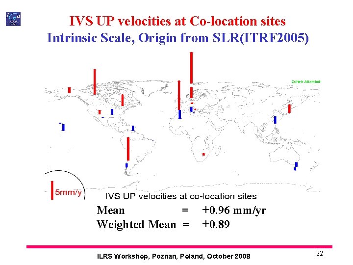 IVS UP velocities at Co-location sites Intrinsic Scale, Origin from SLR(ITRF 2005) Mean =