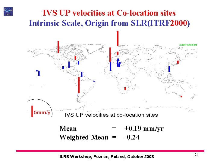 IVS UP velocities at Co-location sites Intrinsic Scale, Origin from SLR(ITRF 2000) Mean =
