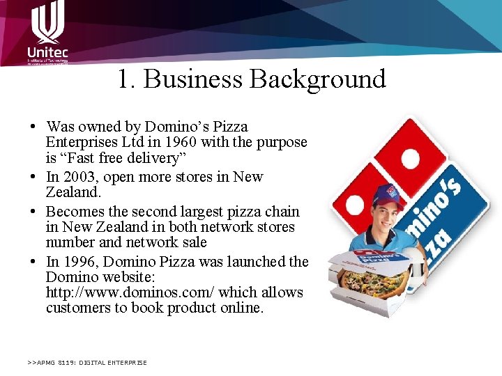 1. Business Background • Was owned by Domino’s Pizza Enterprises Ltd in 1960 with