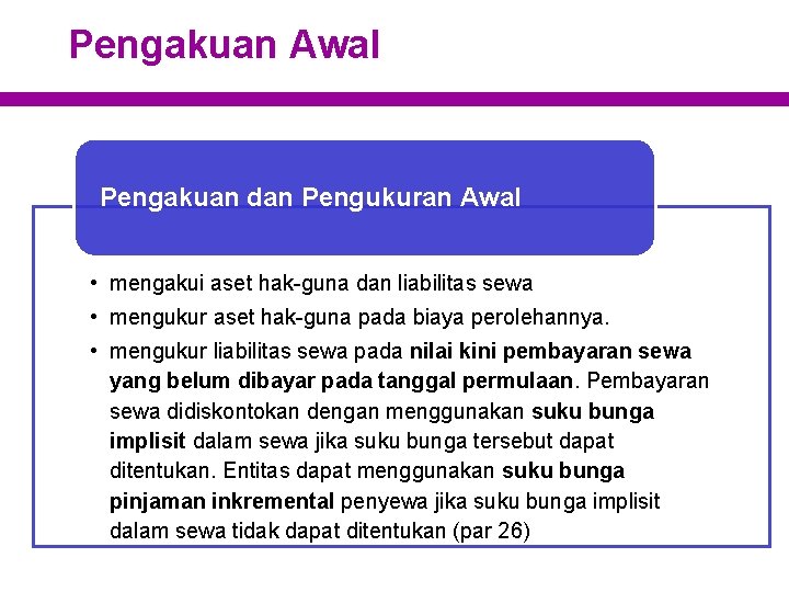 Pengakuan Awal Pengakuan dan Pengukuran Awal • mengakui aset hak-guna dan liabilitas sewa •