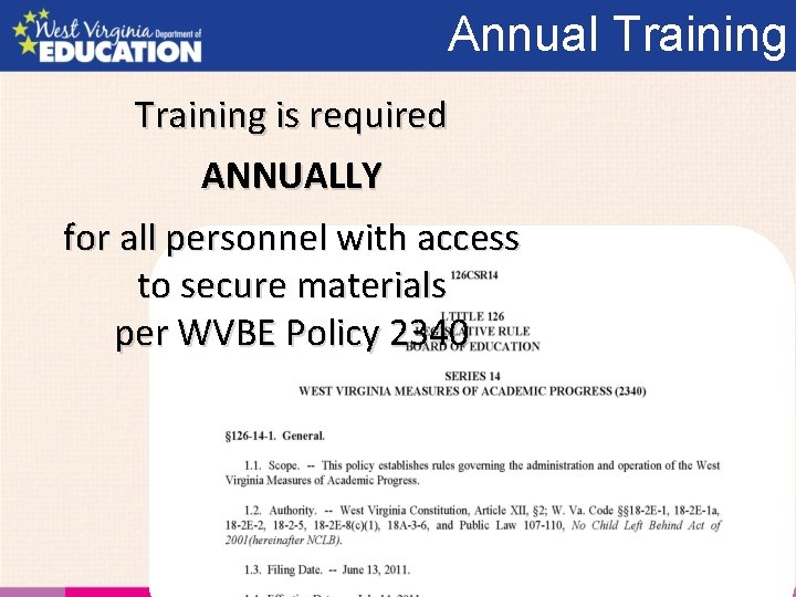 Annual Training is required ANNUALLY for all personnel with access to secure materials per