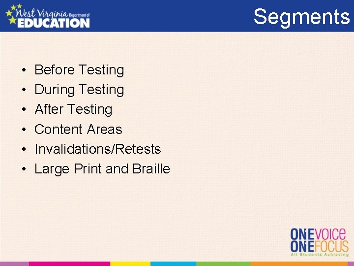 Segments • • • Before Testing During Testing After Testing Content Areas Invalidations/Retests Large