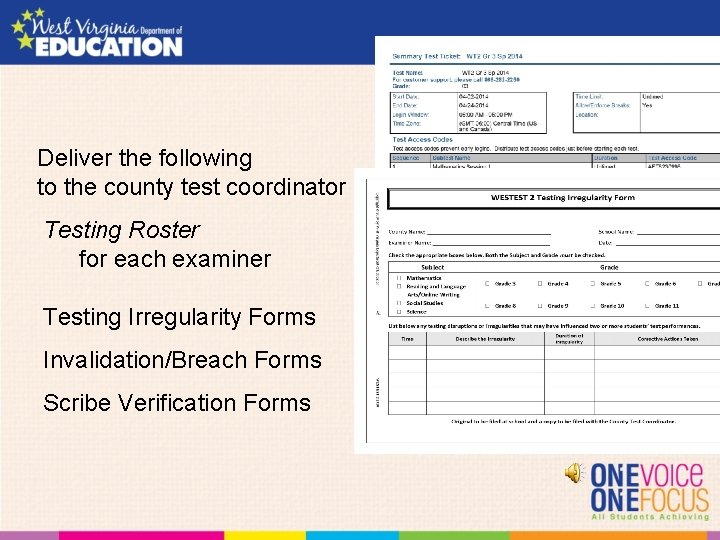 Deliver the following to the county test coordinator Testing Roster for each examiner Testing