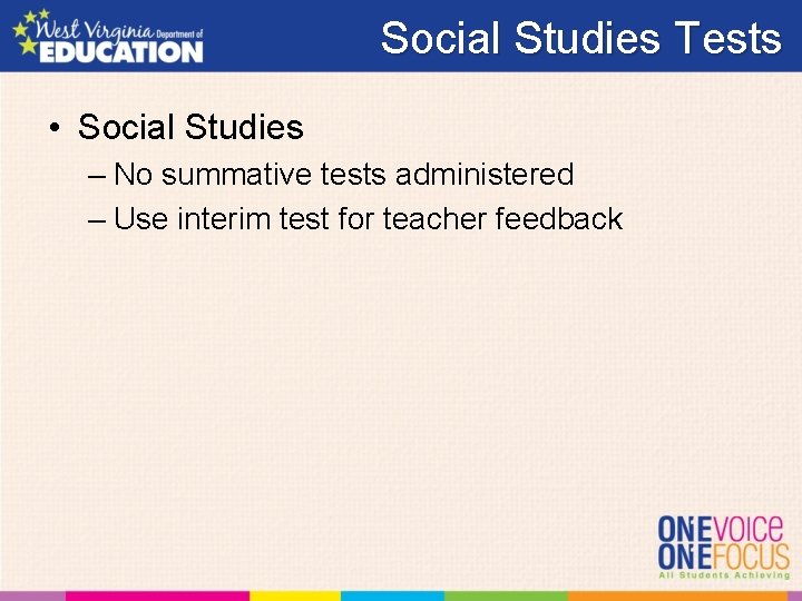 Social Studies Tests • Social Studies – No summative tests administered – Use interim