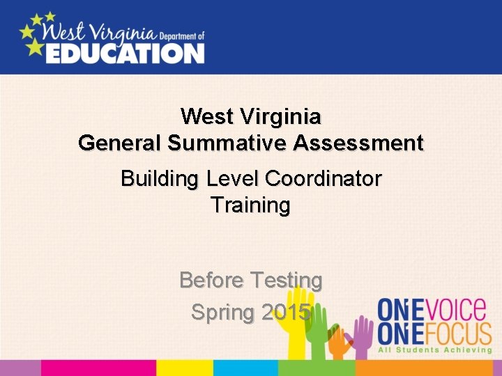 West Virginia General Summative Assessment Building Level Coordinator Training Before Testing Spring 2015 