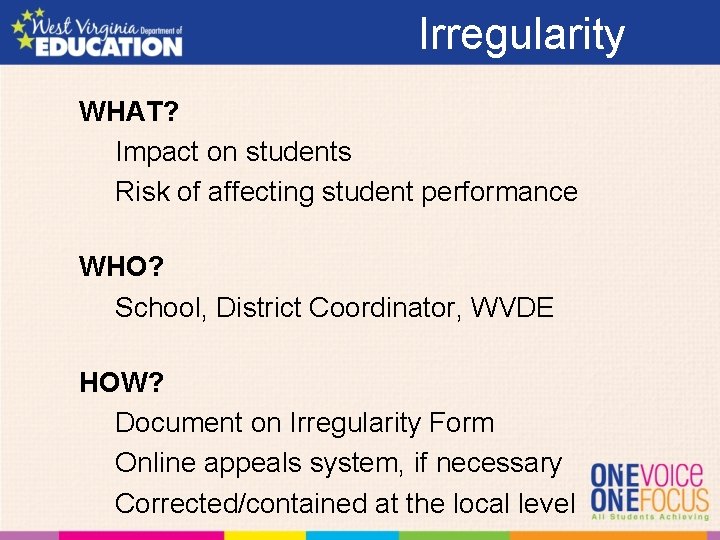 Irregularity WHAT? Impact on students Risk of affecting student performance WHO? School, District Coordinator,