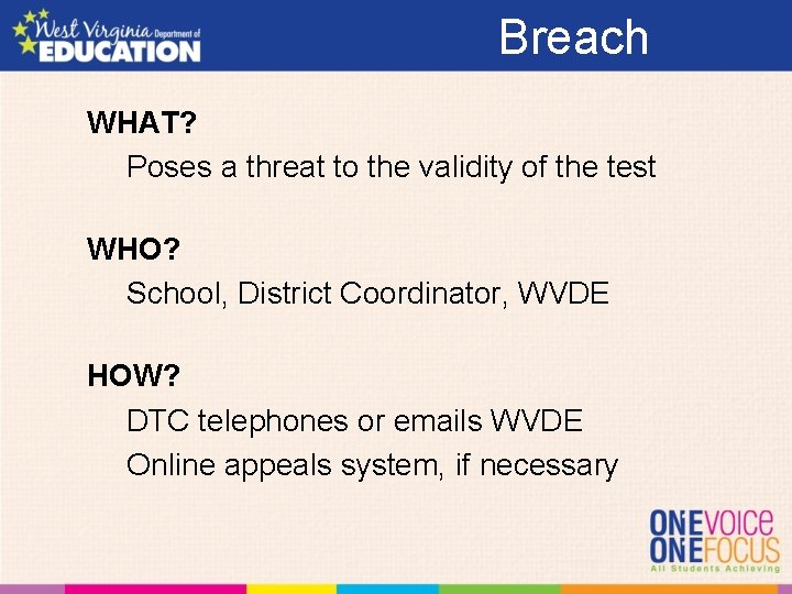Breach WHAT? Poses a threat to the validity of the test WHO? School, District