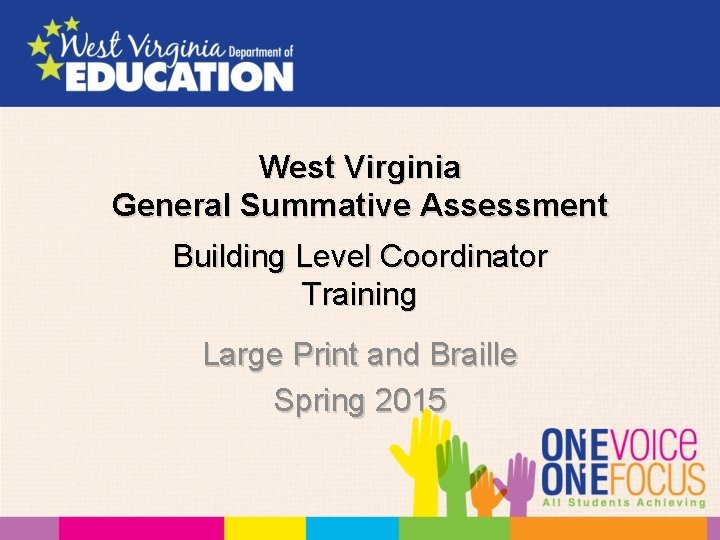 West Virginia General Summative Assessment Building Level Coordinator Training Large Print and Braille Spring