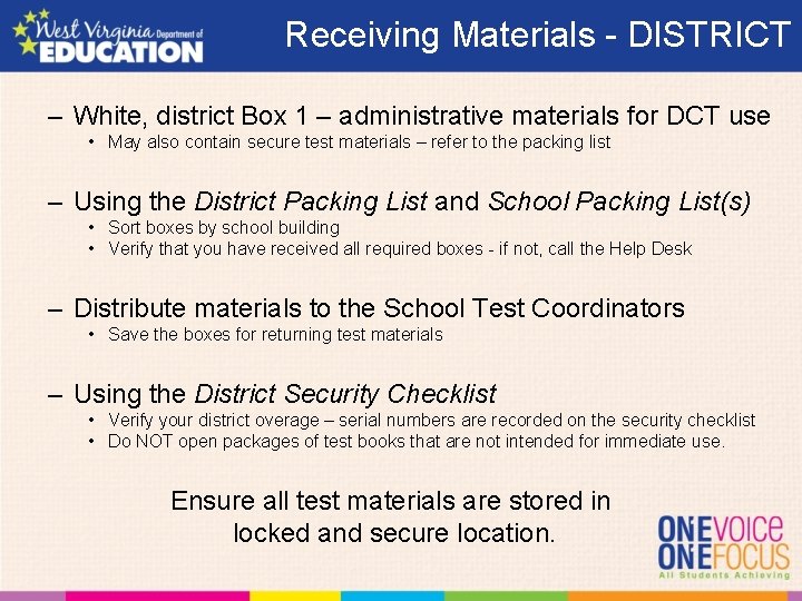 Receiving Materials - DISTRICT – White, district Box 1 – administrative materials for DCT