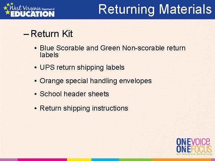 Returning Materials – Return Kit • Blue Scorable and Green Non-scorable return labels •