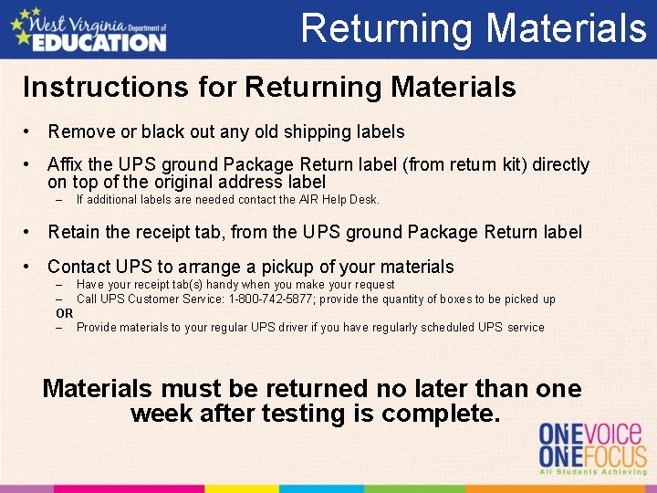 Returning Materials Instructions for Returning Materials • Remove or black out any old shipping