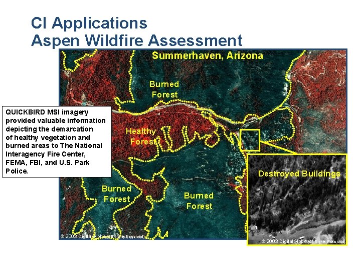 CI Applications Aspen Wildfire Assessment Summerhaven, Arizona N Burned Forest QUICKBIRD MSI imagery provided CI Applications Aspen Wildfire Assessment Summerhaven, Arizona N Burned Forest QUICKBIRD MSI imagery provided
