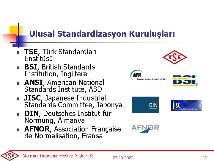 Ulusal Standardizasyon Kuruluşları n n n TSE, Türk Standardları Enstitüsü BSI, British Standards Institution,