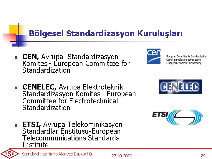 Bölgesel Standardizasyon Kuruluşları n n n CEN, Avrupa Standardizasyon Komitesi- European Committee for Standardization