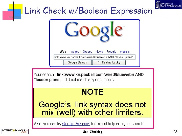 Link Check w/Boolean Expression NOTE Google’s link syntax does not mix (well) with other