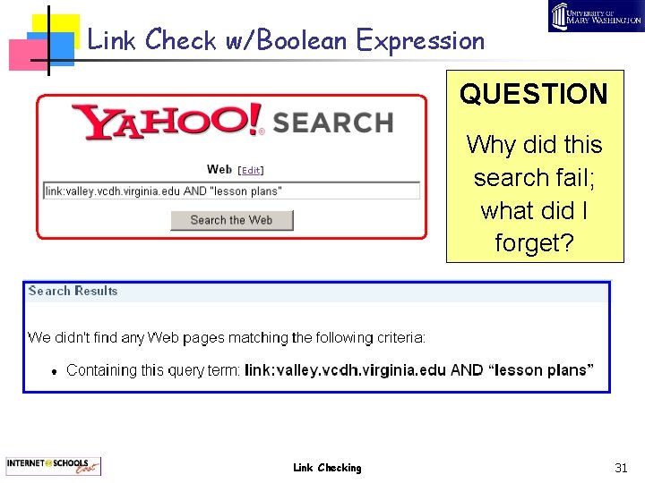 Link Check w/Boolean Expression QUESTION Why did this search fail; what did I forget?