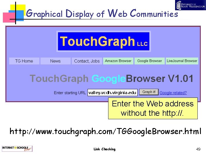 Graphical Display of Web Communities valley. vcdh. virginia. edu Enter the Web address without