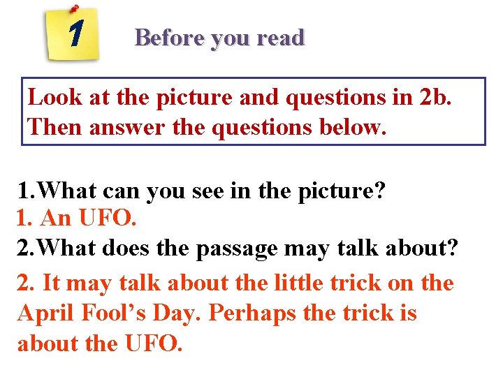 1 Before you read Look at the picture and questions in 2 b. Then