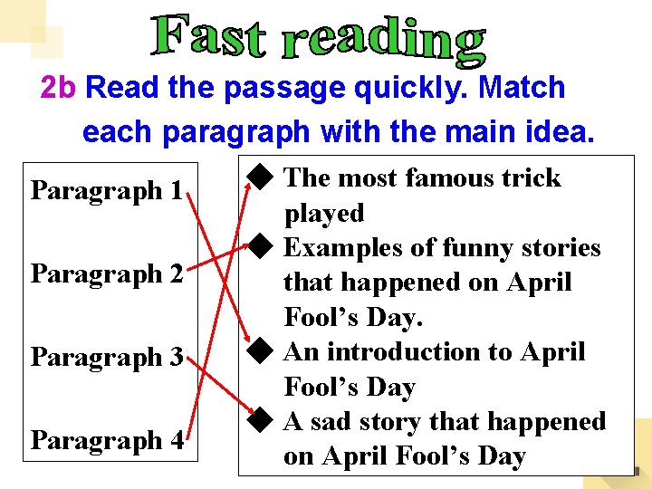 2 b Read the passage quickly. Match each paragraph with the main idea. Paragraph