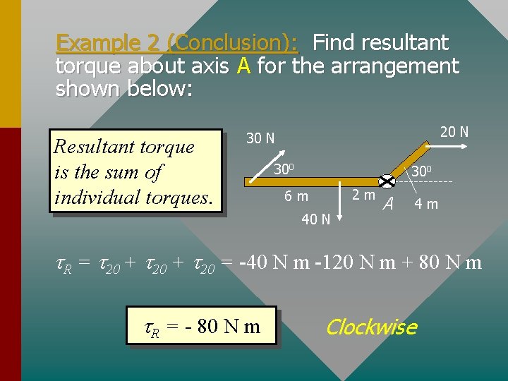 Example 2 (Conclusion): Find resultant torque about axis A for the arrangement shown below: