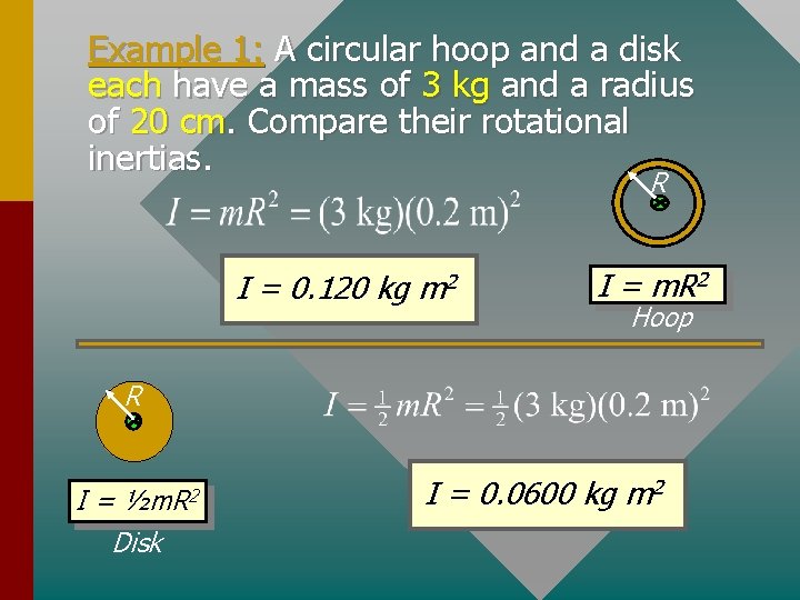 Example 1: A circular hoop and a disk each have a mass of 3