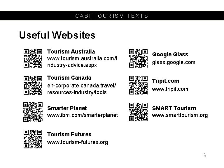 CABI TOURISM TEXTS Useful Websites Tourism Australia www. tourism. australia. com/i ndustry-advice. aspx Google