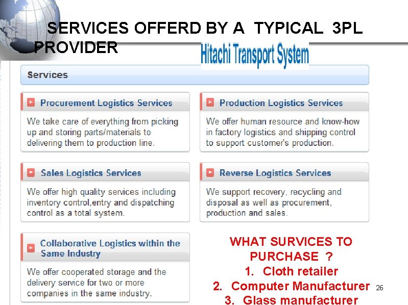  SERVICES OFFERD BY A TYPICAL 3 PL PROVIDER WHAT SURVICES TO PURCHASE ?
