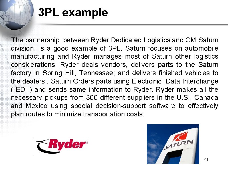 3 PL example The partnership between Ryder Dedicated Logistics and GM Saturn division is