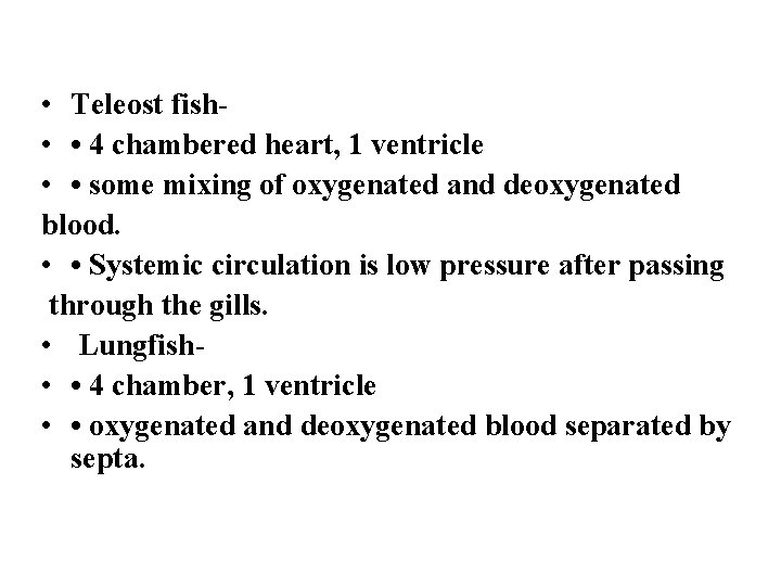 • Teleost fish • • 4 chambered heart, 1 ventricle • • some • Teleost fish • • 4 chambered heart, 1 ventricle • • some