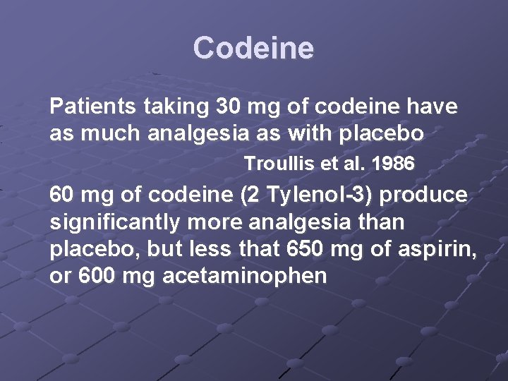 Codeine Patients taking 30 mg of codeine have as much analgesia as with placebo