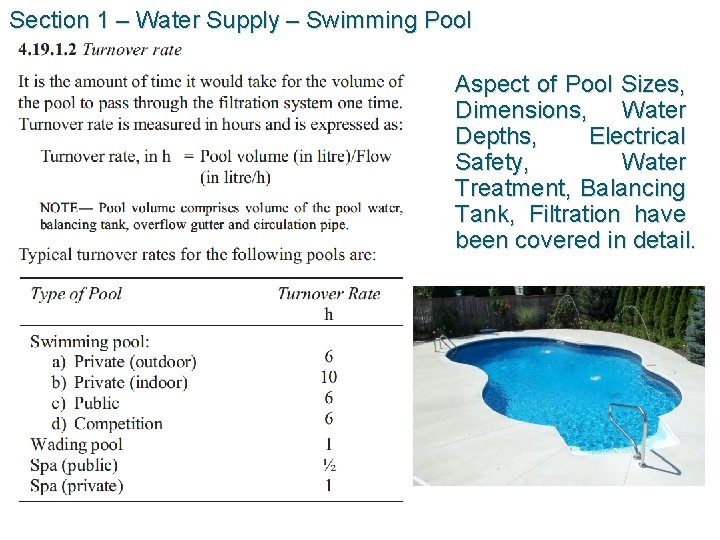 Section 1 – Water Supply – Swimming Pool Aspect of Pool Sizes, Dimensions, Water