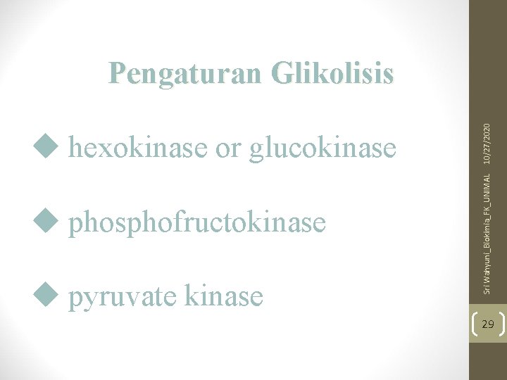  phosphofructokinase pyruvate kinase Sri Wahyuni_Biokimia_FK_UNIMAL hexokinase or glucokinase 10/27/2020 Pengaturan Glikolisis 29 